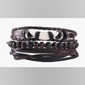 3 Men's leather‎ bracelets set layered braided beaded brown new e34